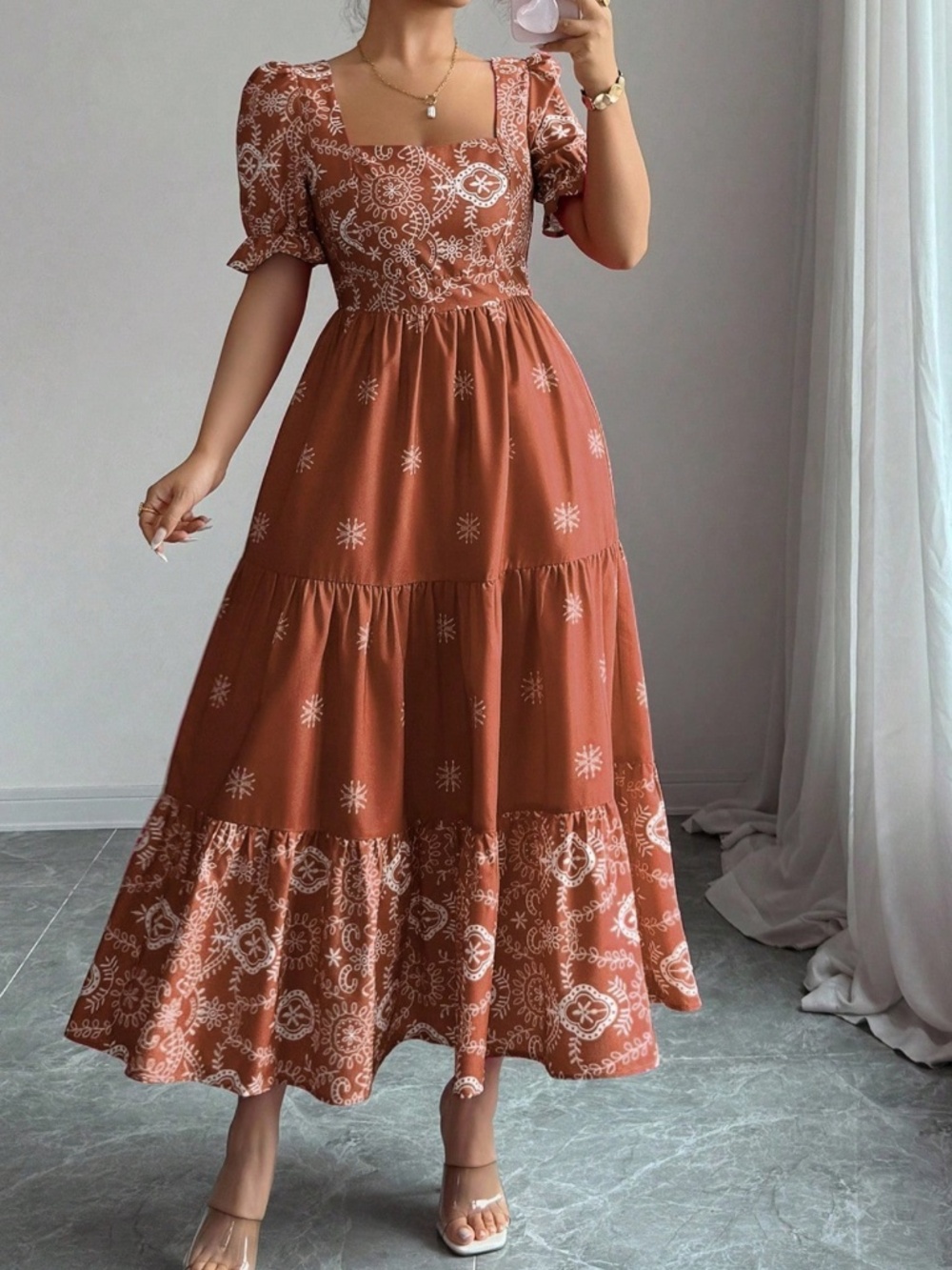 Boho All over print Sauare neck Puff Sleeve Ruffle Hem dress - Picture 6 of 8